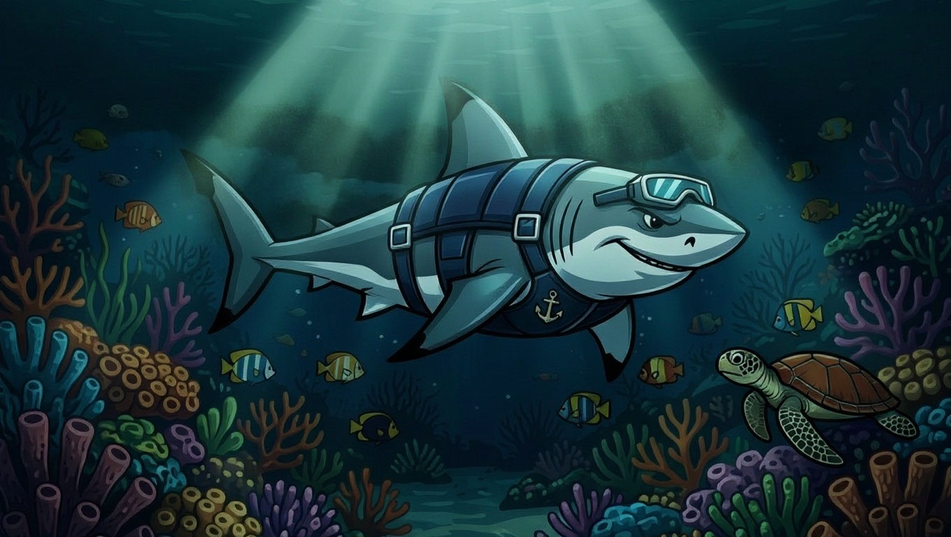 Friendly grey reef shark swimming near a coral reef
