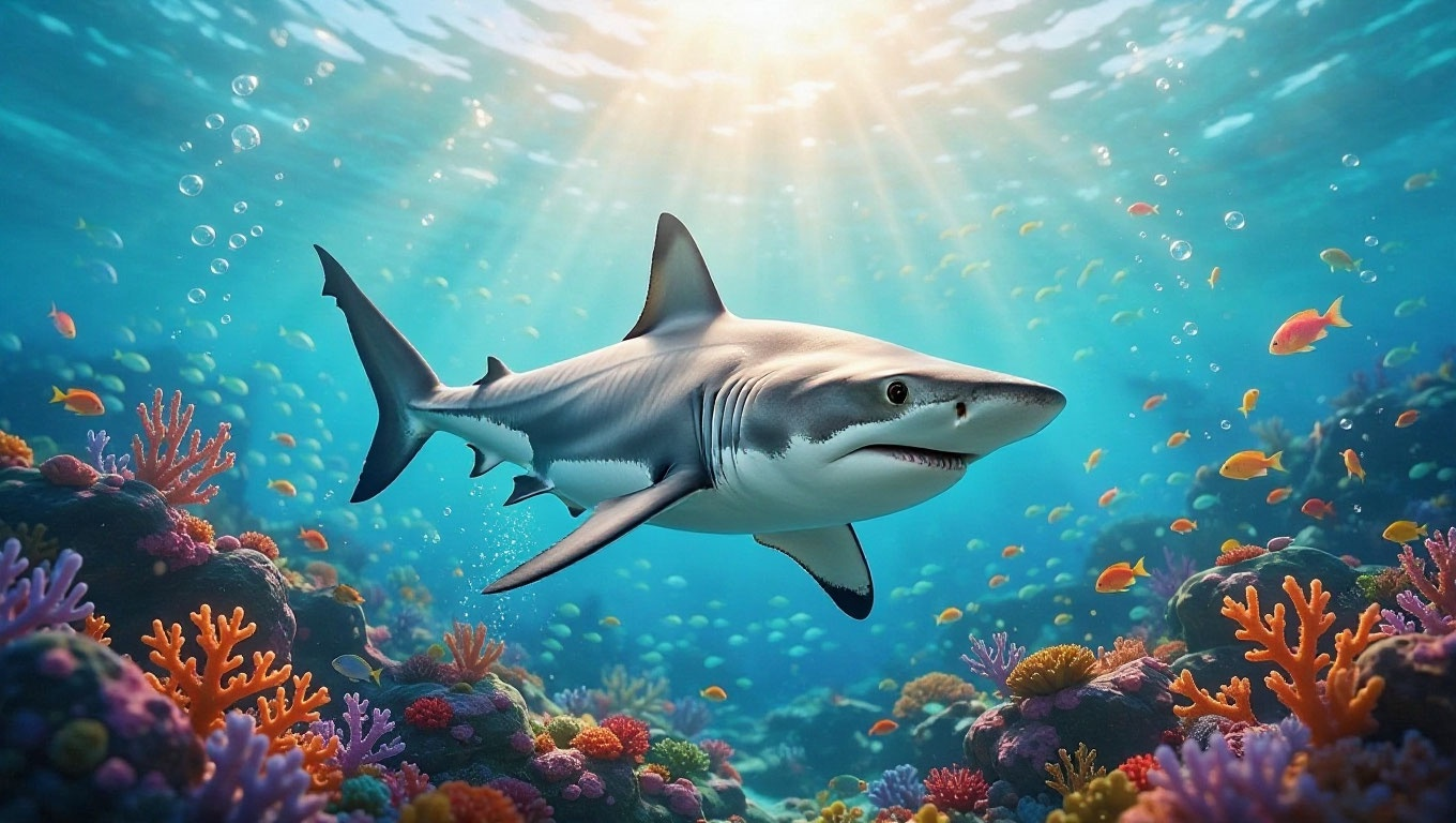 Grey reef shark above a tropical coral reef